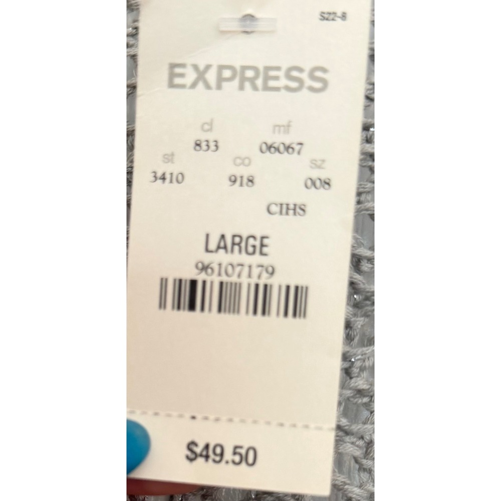 Express Womens Silver Metallic Pointelle Knit Cardigan Ruffle Velvet Trim Large - Picture 3 of 7